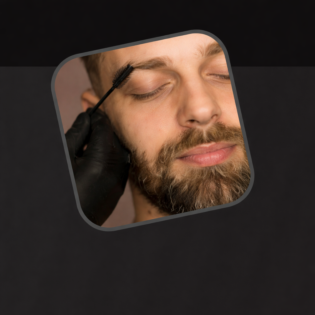 Ícone de técnica de visagismo e brow lamination masculina.