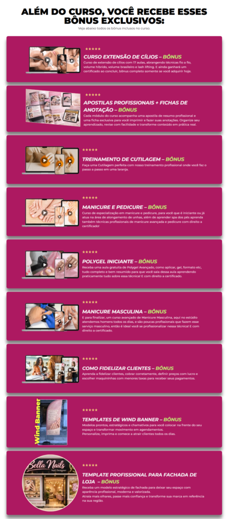 Modelo de certificado profissional concedido após a conclusão do curso de nails designer de unhas, comprovando a capacitação técnica para atuar no mercado de beleza.